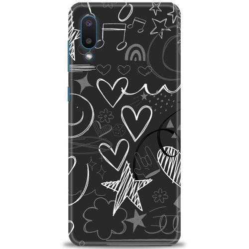 Samsung Galaxy A02 Kılıf HD Baskılı Kılıf - Siyah Kalp ve Notalar + Tam Ekran Koruyucu