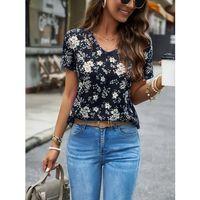 Kadın Kısa Kollu V Yakalı çiçek Baskılı Süprem Bluz