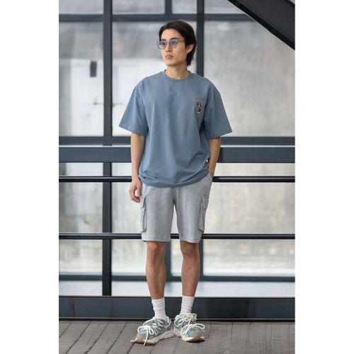 Cep Baskılı İki İplik Kumaş Pamuklu Oversize Erkek T-Shirt - Soğuk Mavi