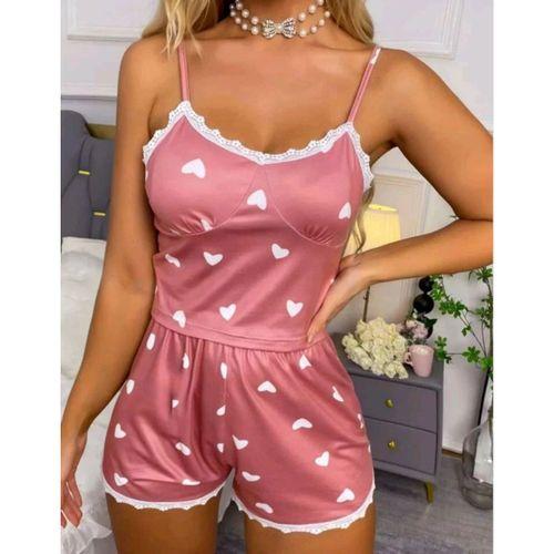 Kadın Pudra Kalp Desenli Seksi Gecelik Takım 6641