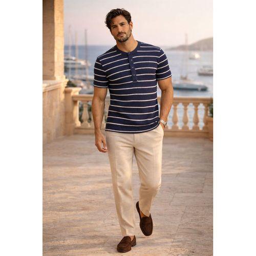 Kristof Pike Kumaş Regular Fit Düğmeli Yaka Kendinden Çizgili T-Shirt - Lacivert