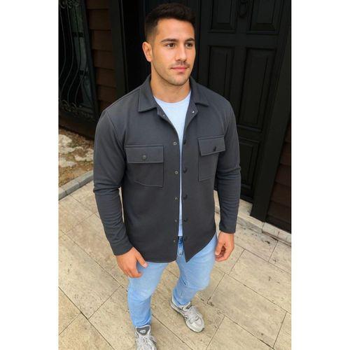Erkek Diagonal Kumaş Cepli Çıtçıtlı Uzun Kollu, Gömlek Oversize Rahat Kalıp Günlük Şık Stil - Füme