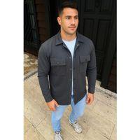 Erkek Diagonal Kumaş Cepli Çıtçıtlı Uzun Kollu, Gömlek Oversize Rahat Kalıp Günlük Şık Stil - Füme