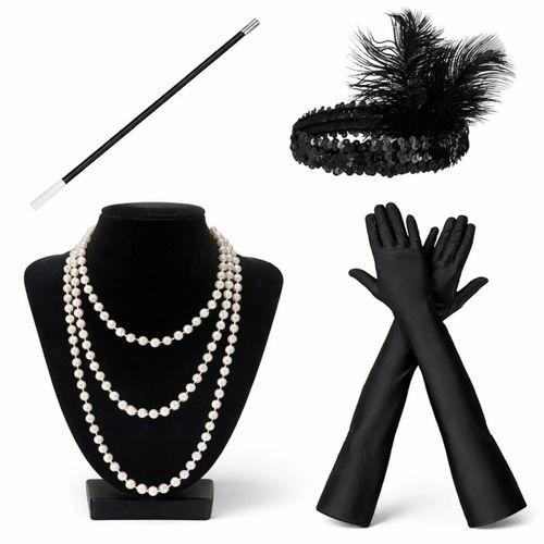 1920’ler Çarliston Aksesuar Seti – İnci Kolye, Eldiven, Sigara Tutucu, Siyah Saç Bandı