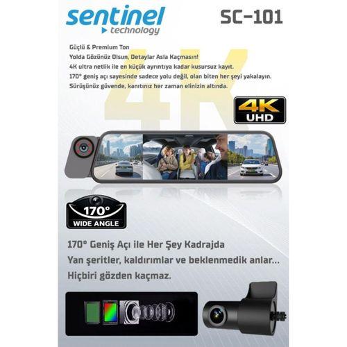 Sentinel SC-101 4K UHD Ayna Tipi Araç Kamerası | 3 Yönlü Kamera, Dahili Wi-Fi, G-Sensor, 24 Saat Park Modu, ADAS & BSD