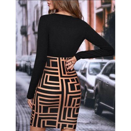 Kadın Uzun Kollu Kruvaze Yaka Labirent Desen Dalgıç Elbise