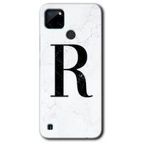 MRCİLETİSİM Realme C21 Kılıf Baskılı Kapak - Beyaz Mermer Desenli R Harfi + 5D Tam Kaplayan Cam
