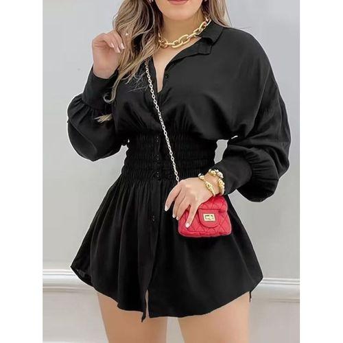 Kadın Uzun Kollu Yakalı Beli Lastikli Trikoton Elbise
