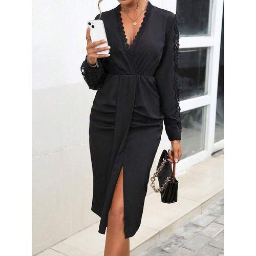 Kadın Uzun Kollu V Yakalı Dantel Detaylı Onu Büzgülü Midi Ithal Krep Elbise