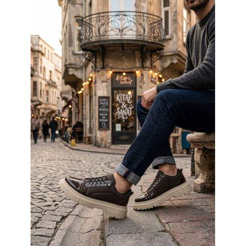 BA0245 Kahverengi Rugan Paraşüt Detaylı Akıllı Lastik Bağcık Yüksek Bej Taban Günlük Erkek Ayakkabı