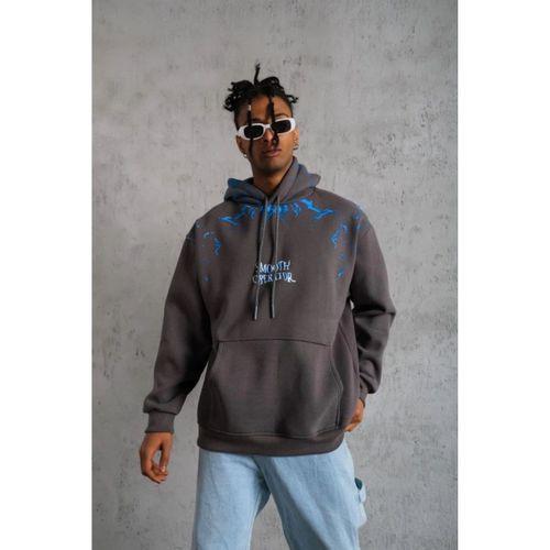 Erkek Yıldırım Baskılı Kapşonlu Sweatshirt - Gri