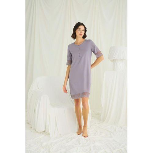 Dantel Detaylı Kısa Kollu Ve Önü Düğmeli Gecelik