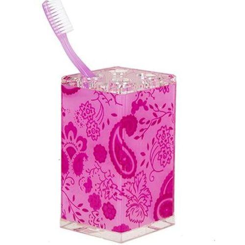 2 Adet Diş Fırçalık Pembe Çiçekli Akrilik 6X6X12Cm Banyo Seti