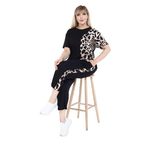 Melsay Butik Siyah Kısa Kol Yarım Kaplan Desen Viskon Kapri Takım