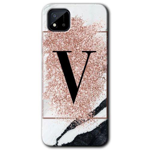 Realme C11 Kılıf HD Desen Baskılı Arka Kapak + Temperli Cam - Pembe Mermer Desenli V Harfi