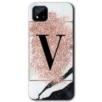 Realme C11 Kılıf HD Desen Baskılı Arka Kapak + Temperli Cam - Pembe Mermer Desenli V Harfi
