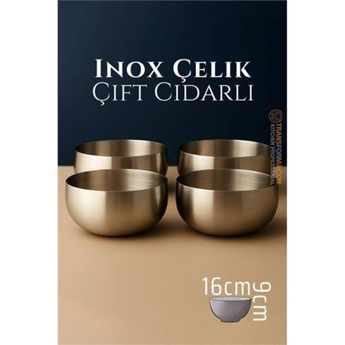 Zhltools Çift Cidarlı Kase - Inox Çelik Kase 16 cm 4 LÜ SET