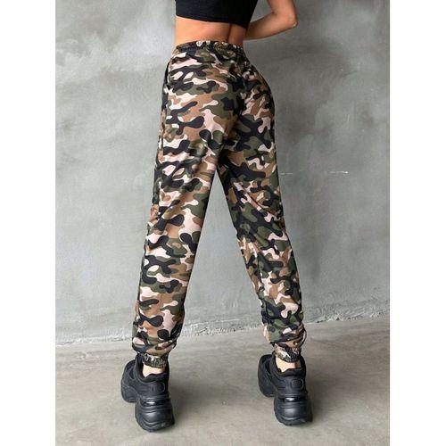 Kadın Yüksek Bel Kamuflaj Baskılı Bileği Lastik Detay İki İplik Pantolon