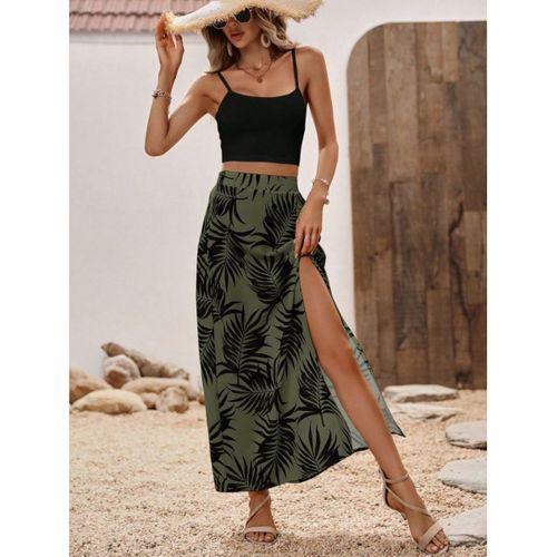 Kadın Ip Askılı Yuvarlak Yaka Kısa Viskon Bluz Ve Desenli Yırtmaçlı Süprem Etek Ikili Takım