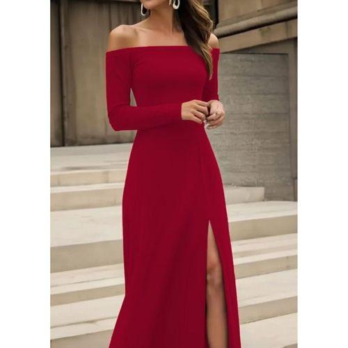 Kadın Uzun Kollu Madonna Yakalı Yırtmaç Detaylı Uzun Ithal Krep Elbise