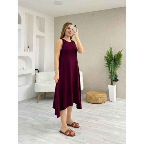 Kadın Askılı Yuvarlak Yakalı Asimetrik Kesim Detaylı Viskon Elbise