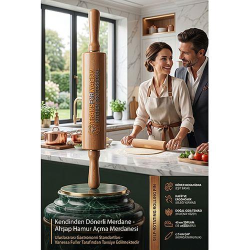 Professional Dönerli Ahşap Merdane 43 cm, Ergonomik Şef Tipi Hamur Açma, Profesyonel Pizza, Börek ve Pasta Merdanesi 721902