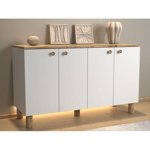 Nora Bohem Ledli Kahve Köşesi Dolabı Konsol Çok Amaçlı Dolap Mutfak Dolabı 120 Cm 4 Kapaklı  Atlantik Çam / Beyaz