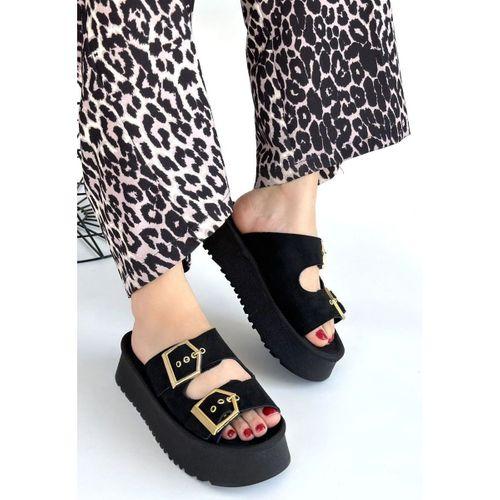 Coer Siyah Süet Çift Tokalı Terlik