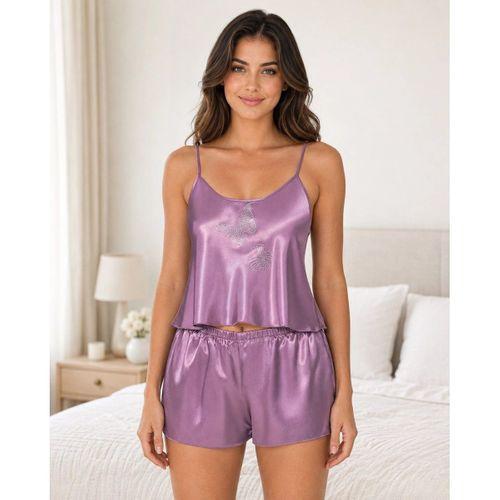 Lila Saten Babydoll Şort Takımı Zarif Kadın Gece Giyim