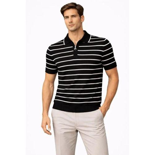 Erkek Triko Polo Yaka Fermuarlı Çizgili Tişört T-Shirt Yazlık Şık - Siyah