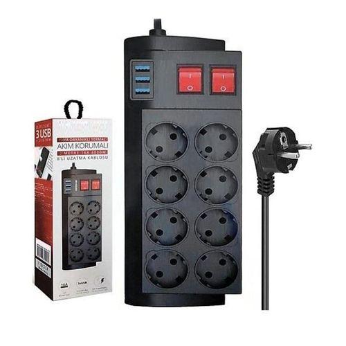 8'li Priz 3 Usb Li 2 Metre Uzatma Kablosu Çoklu Priz Termal Akım Korumalı 3411