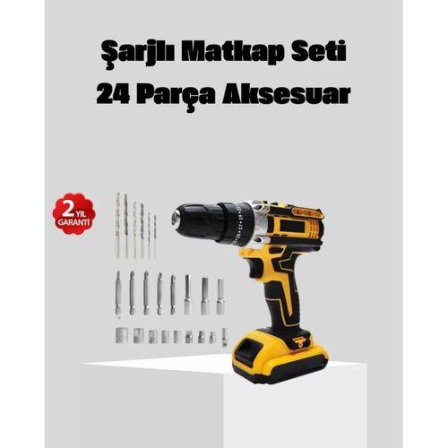 24 Parça Çift Bataryalı Akülü Darbeli Matkap – Güçlü Motor, Metal Dişli, Led Işıklı