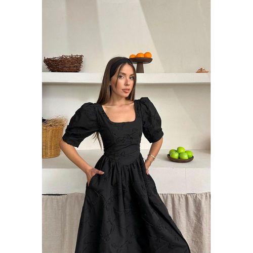 Siyah Balon Kollu Brode Elbise