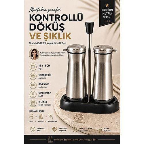 Standlı Çelik 2'li Yağlık Sirkelik Seti 18/10 Paslanmaz Çelik 18 cm Premium Yağdanlık Sirkelik Takımı 723491