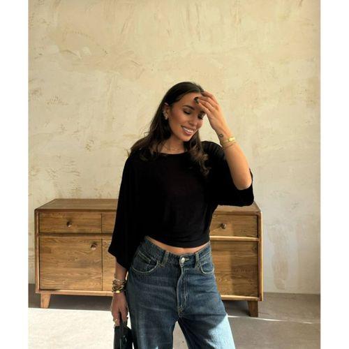 Kadın Kayık Yaka Yarasa Kol Dökümlü Kısa Bluz