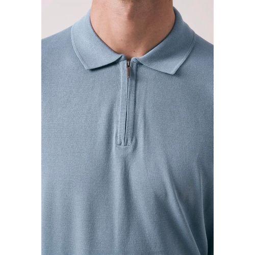 Linus Fermuarlı Polo Yaka Kısa Kollu İnce Triko Erkek T-Shirt - Soğuk Mavi