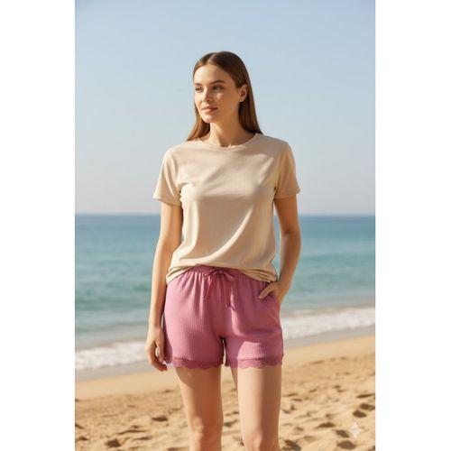 Bambu Fitilli Kadın Ev Şortu Bacak Dantel Detaylı Ev Giyim Fuşya