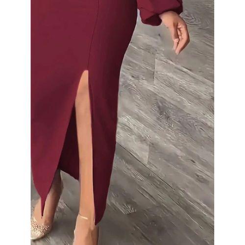 Kadın Uzun Kollu Geometrik Yakalı Yandan Yırtmaçlı Uzun Janjan Krep Elbise