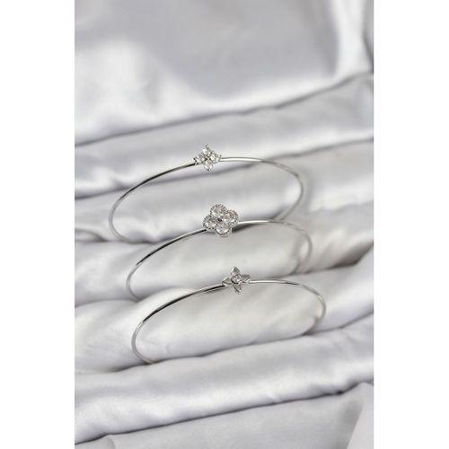 Zirkon Taşlı Gümüş Renk Yonca Tasarım 3'lü Kadın Bileklik Kombini