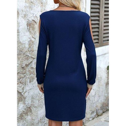 Kadın Uzun Kollu Omuzdan Açık V Dantel Yakalı Mini Waffle Elbise