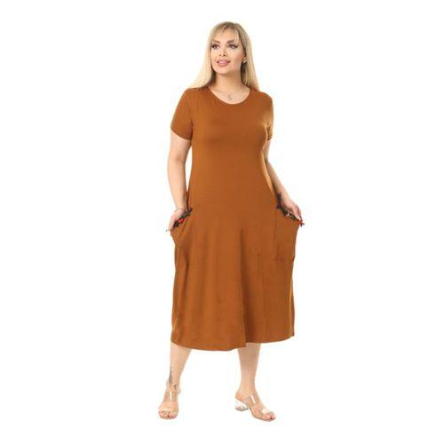 Melsay Butik Hardal Püsküllü Cepli Kısa Kollu Midi Elbise