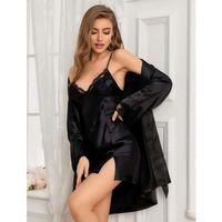 Siyah Dantel İşlemeli İnce Askılı Yırtmaçlı 2'li Saten Gecelik Sabahlık Takımı