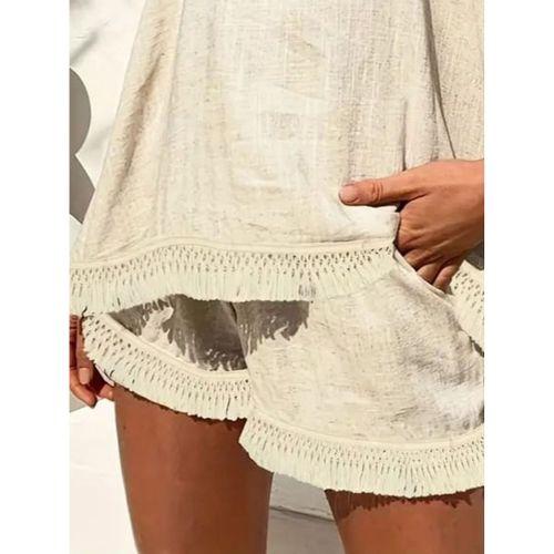 Kadın Askılı Geometrik Yaka Püskül Detay Keten Alt üst Takım