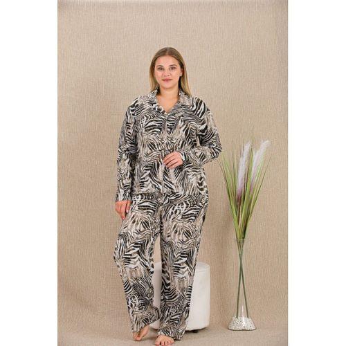 Büyük Beden Çizgili Düğmeli Uzun Kol Viskon Pijama Takımı