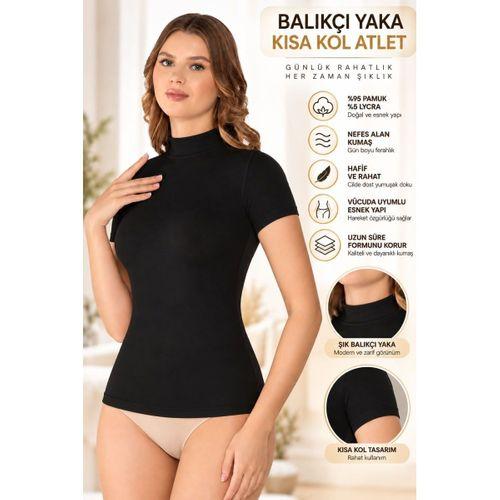Kadın Balıkçı Yaka Kısa Kol Atlet Siyah, Esnek Kumaş, Vücuda Oturan Basic Body - ryl - 2611