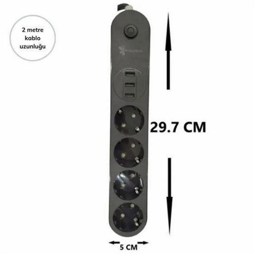 4lü Siyah Anahtarlı 3 Usb Li Akım Korumalı Topraklı Çocuk Korumalı Grup Priz 2 Metre