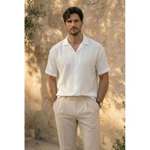 Yarım Oversize Apaş Yaka Kısa Kol Müslin Kumaş Erkek Gömlek - Beyaz