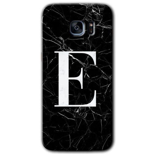 MRCİLETİSİM MRCİLETİSİM Samsung Galaxy S7 Edge Kılıf HD Desen Baskı Arka Kapak + Temperli Cam - Siyah Mermer Desenli E Harf
