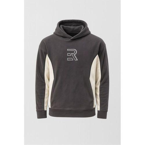 Frank Parçalı Kontrast Desenli Kapüşonlu Oversize Cepli Polar Erkek Sweatshirt - Füme