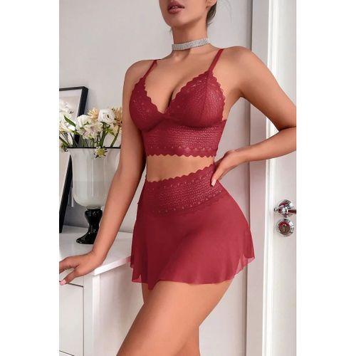 Kadın Bordo Dantel Ve Tül Detaylı Etekli Şık Gecelik Takımı